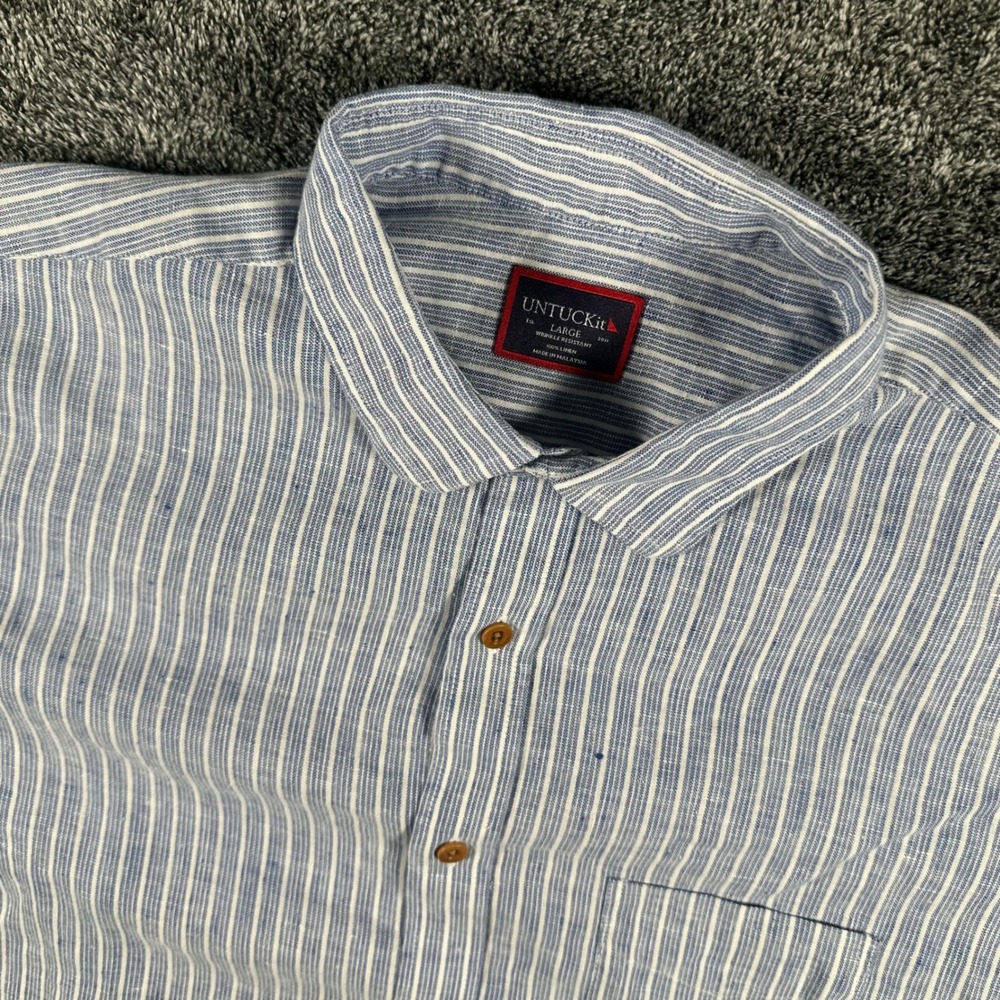 UNTUCKit Linen Shirt Mens Large Blue White Striped Short Sleeve Button Down